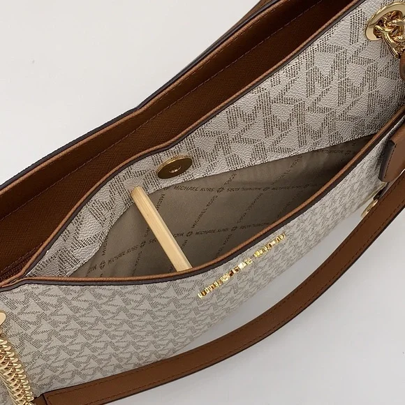 MICHAEL KORS LARGE X CHAIN SHOULDER TOTE BAG VANILLA SIGNATURE - Picture 8 of 16